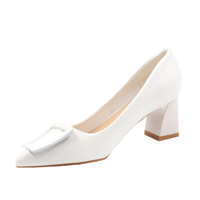 Ladies Pointed Closed Toe Geometric Trim Block Court Heel – White