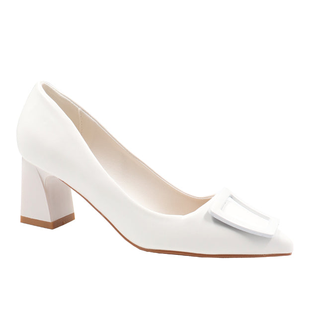 Ladies Pointed Closed Toe Geometric Trim Block Court Heel &#8211; White